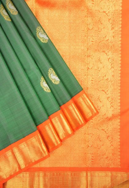 Basil Green Kanchipuram Silk Sarees with Gold Zari Buttis (small Dots Or Motifs)