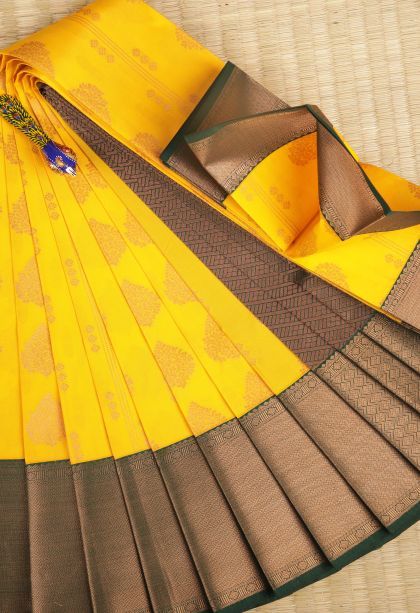 Lemon Yellow Visiri Madippu Silk Sarees with Copper Zari Stripes