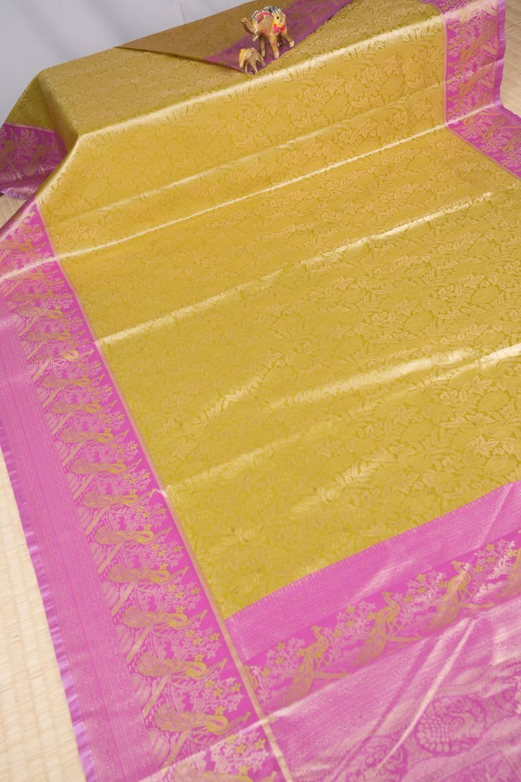 Granola Yellow Tissue Silk Sarees with Copper Zari Floral Patterns view 2