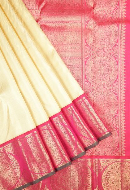 Alabaster White Kanchipuram Silk Sarees with Gold Zari Stripes