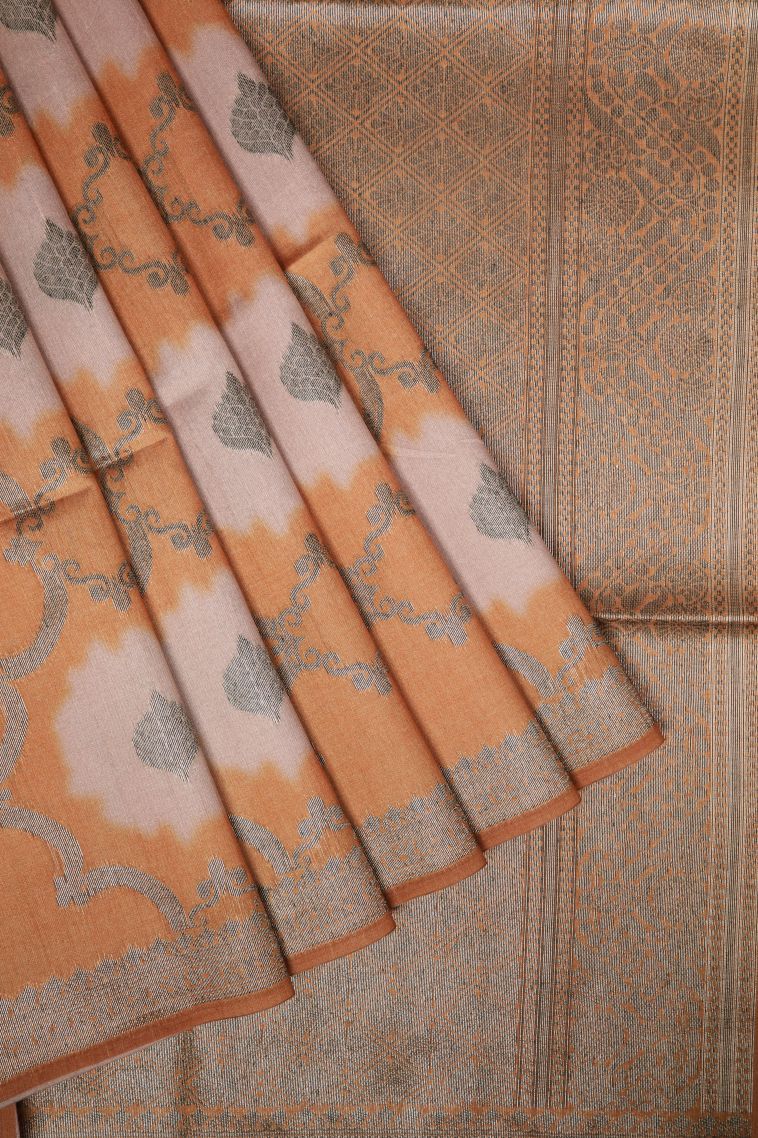 Apricot Orange Tussar Saree with Bronze Zari Floral Patterns view 1