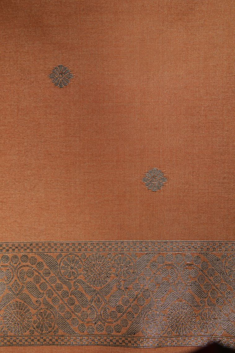 Apricot Orange Tussar Saree with Bronze Zari Floral Patterns view 3