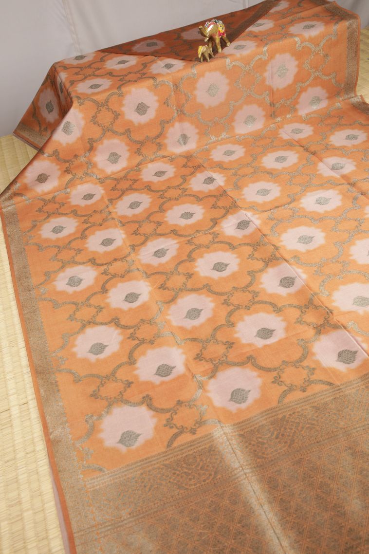Apricot Orange Tussar Saree with Bronze Zari Floral Patterns view 2