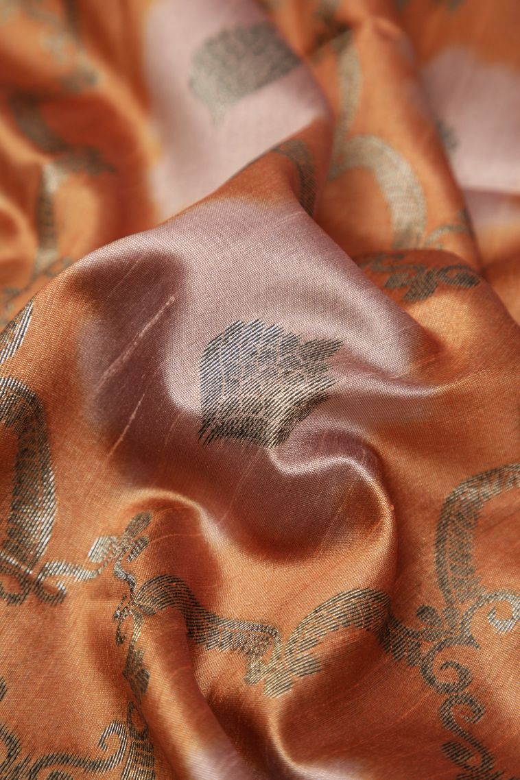 Apricot Orange Tussar Saree with Bronze Zari Floral Patterns view 4