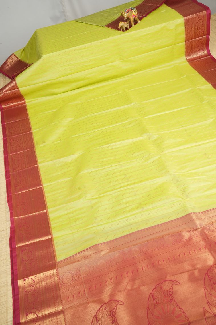Chartreuse Green Visiri Madippu Silk Sarees with Copper Zari Stripes view 2