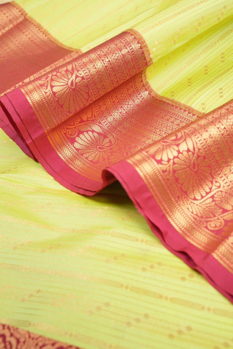 Chartreuse Green Visiri Madippu Silk Sarees with Copper Zari Stripes view 4