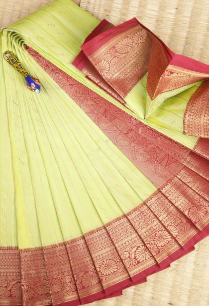 Chartreuse Green Visiri Madippu Silk Sarees with Copper Zari Stripes