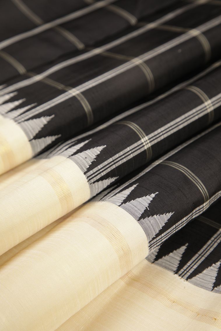 Asphalt Black Kanchipuram Silk Sarees with Without Zari Zari Checks view 4