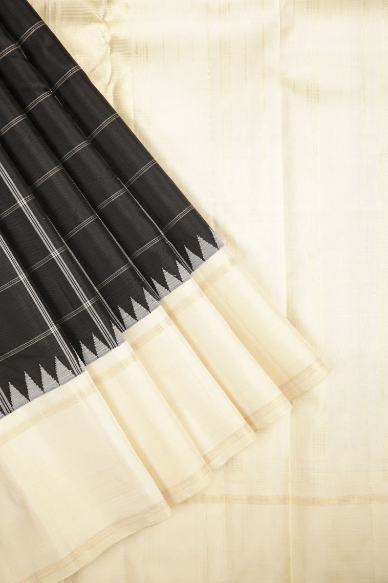 Asphalt Black Kanchipuram Silk Sarees with Without Zari Zari Checks view 1
