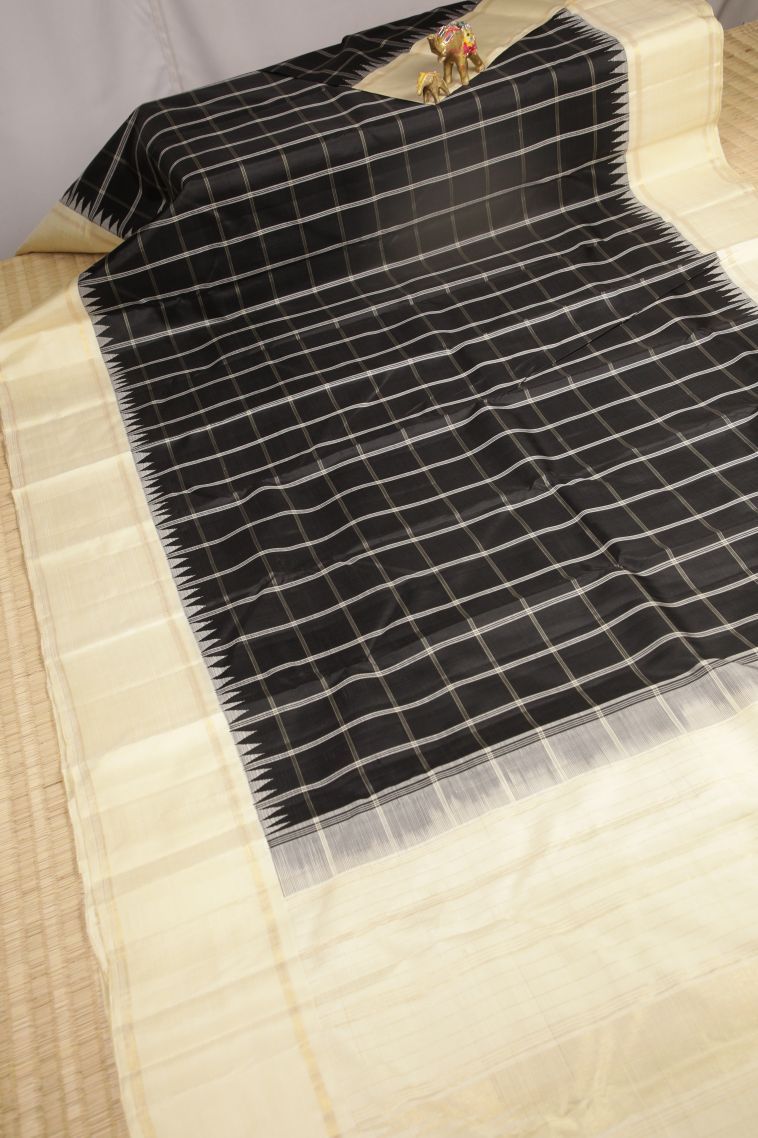 Asphalt Black Kanchipuram Silk Sarees with Without Zari Zari Checks view 2