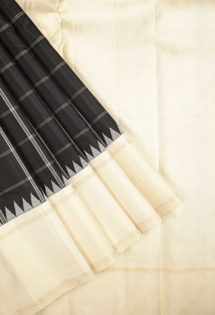 Asphalt Black Kanchipuram Silk Sarees with Without Zari Zari Checks