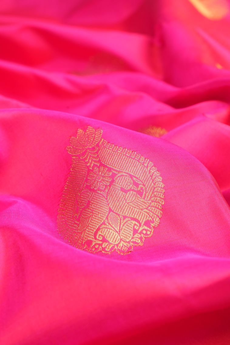 Fuscia Pink Kanchipuram Silk Sarees with Gold Zari Peacock Motifs view 4