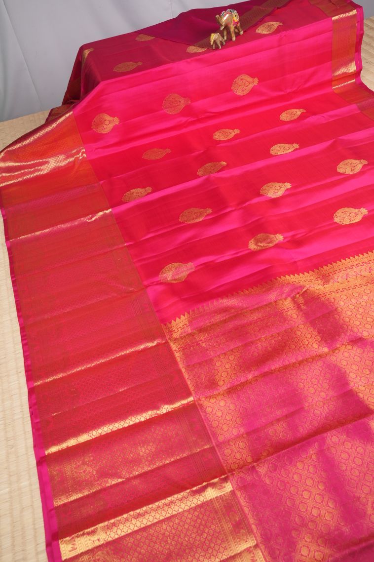 Fuscia Pink Kanchipuram Silk Sarees with Gold Zari Peacock Motifs view 2