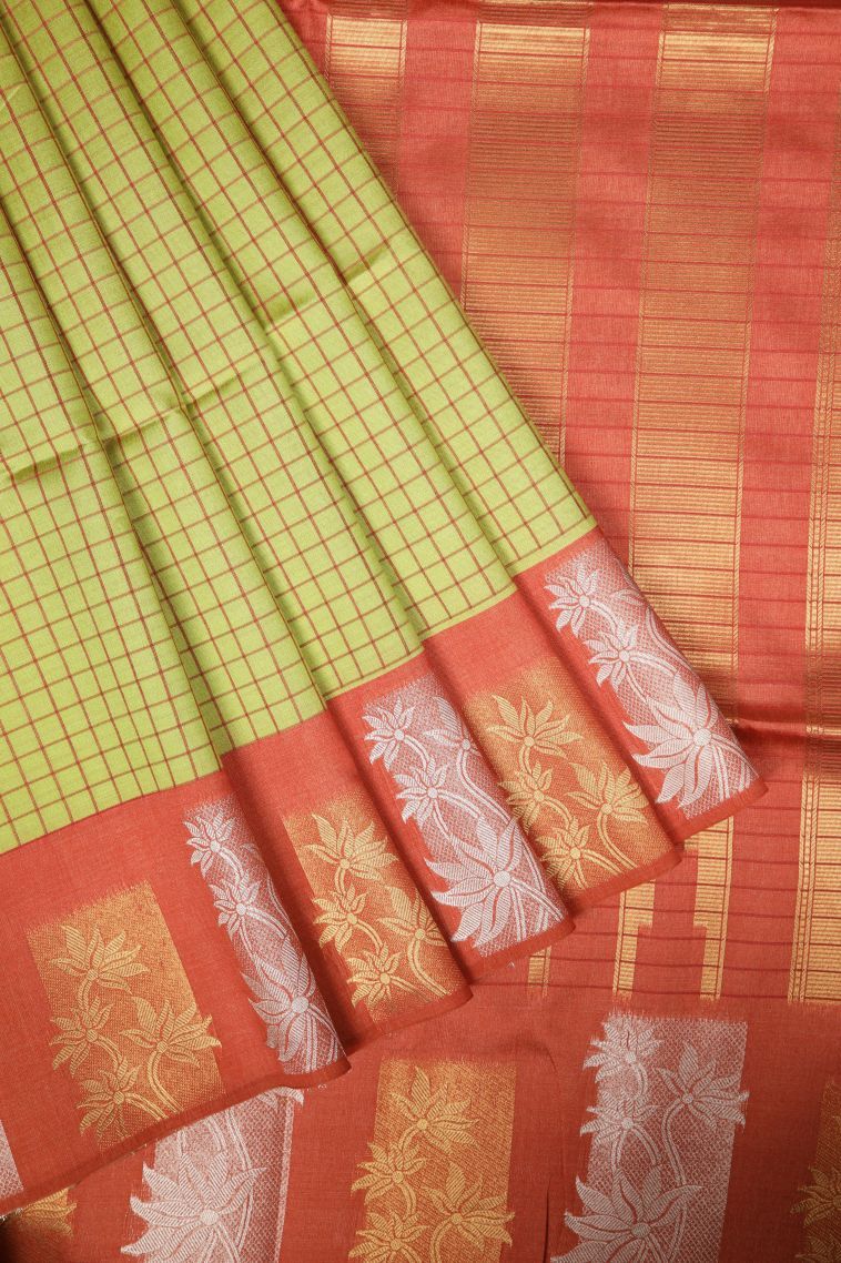 Lime Green Tussar Saree with Without Zari Zari Checks view 1