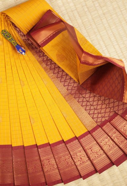 Lemon Yellow Visiri Madippu Silk Sarees with Copper Zari Checks