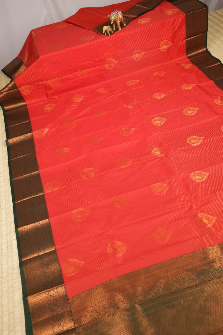 Rose  Red Visiri Madippu Silk Sarees with Copper Zari Stripes view 2