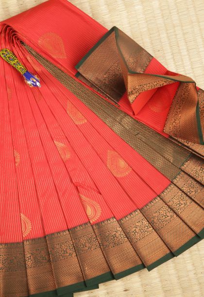 Rose  Red Visiri Madippu Silk Sarees with Copper Zari Stripes