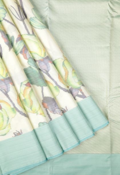 Daisy White Soft Silk Sarees with Without Zari Zari Floral Patterns