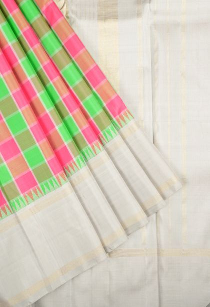 Lime Green Kanchipuram Silk Sarees with Gold Zari Checks
