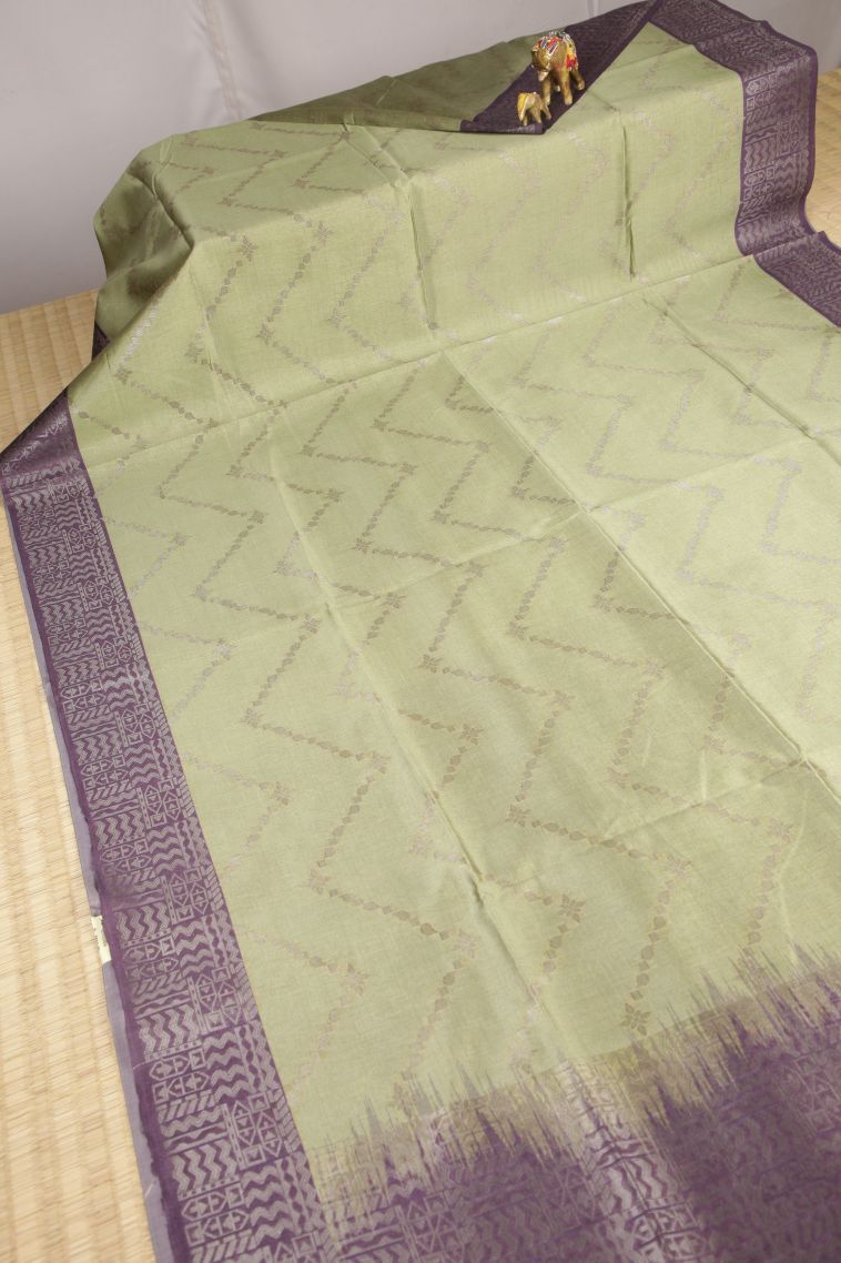 Pistachio Green Tussar Saree with Bronze Zari Stripes view 2