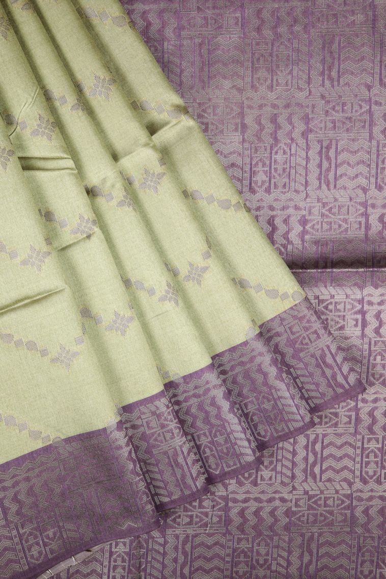 Pistachio Green Tussar Saree with Bronze Zari Stripes view 1