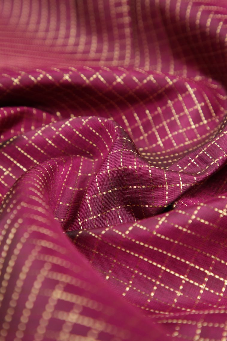 Magenta Purple Kanchipuram Silk Sarees with Gold Zari Checks view 4