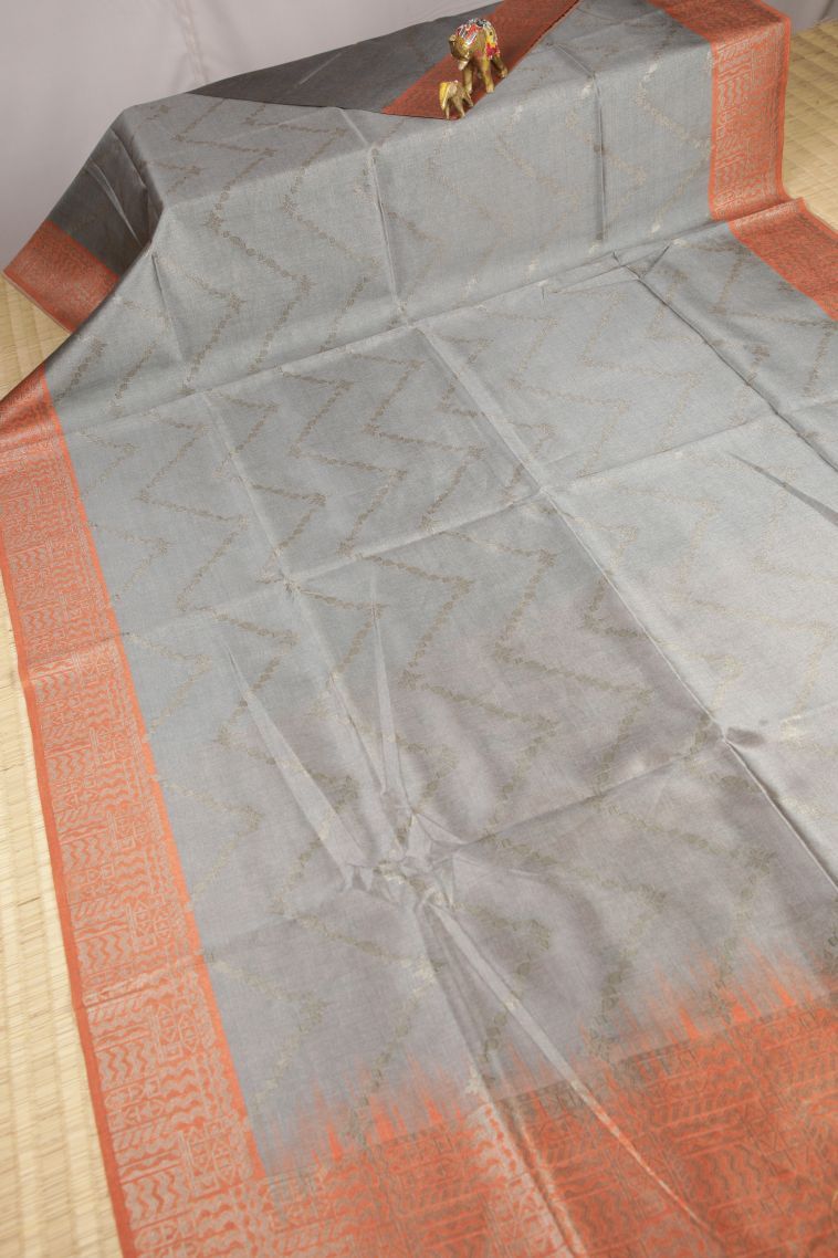 Gray Black Tussar Saree with Bronze Zari Stripes view 2