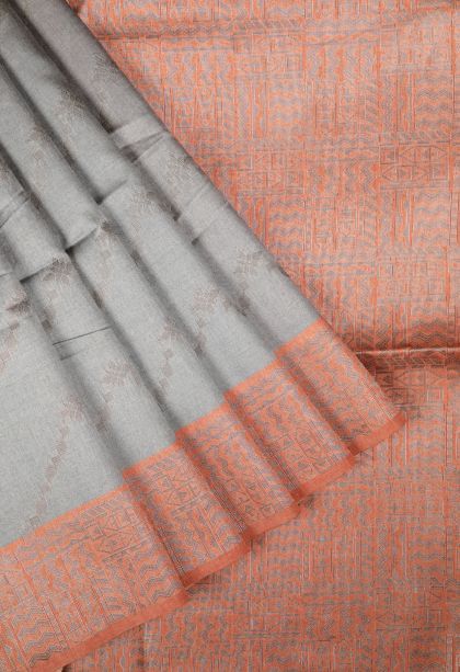 Gray Black Tussar Saree with Bronze Zari Stripes