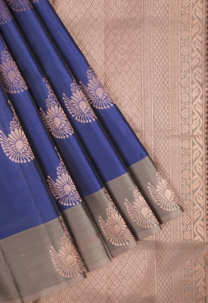 Azure Blue Soft Silk Saree with Copper Zari Buttis (small Dots Or Motifs)