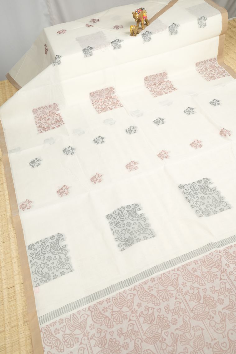 Porcelain White Kovai Cotton Sarees with Without Zari Zari Buttis (small Dots Or Motifs) view 2