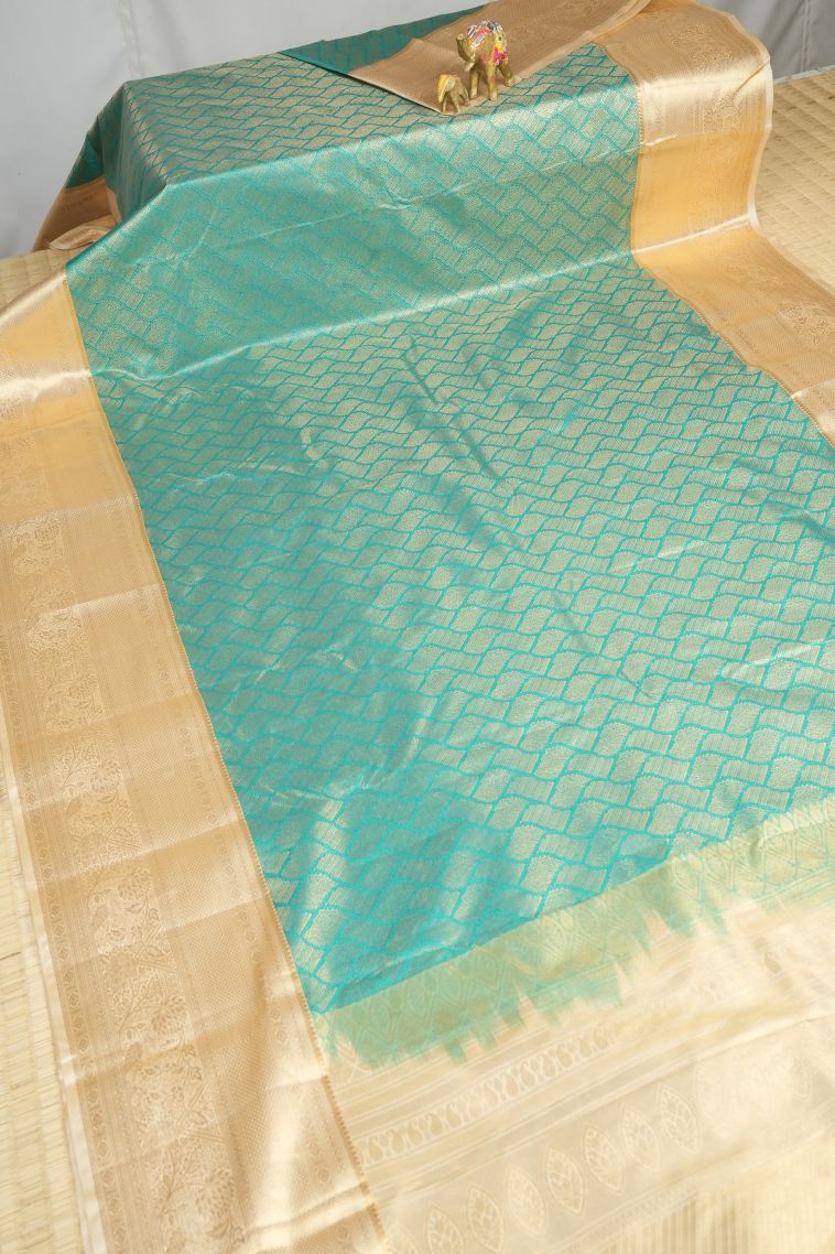 Teal Blue Samudrika Pattu with Copper Zari Floral Patterns view 2