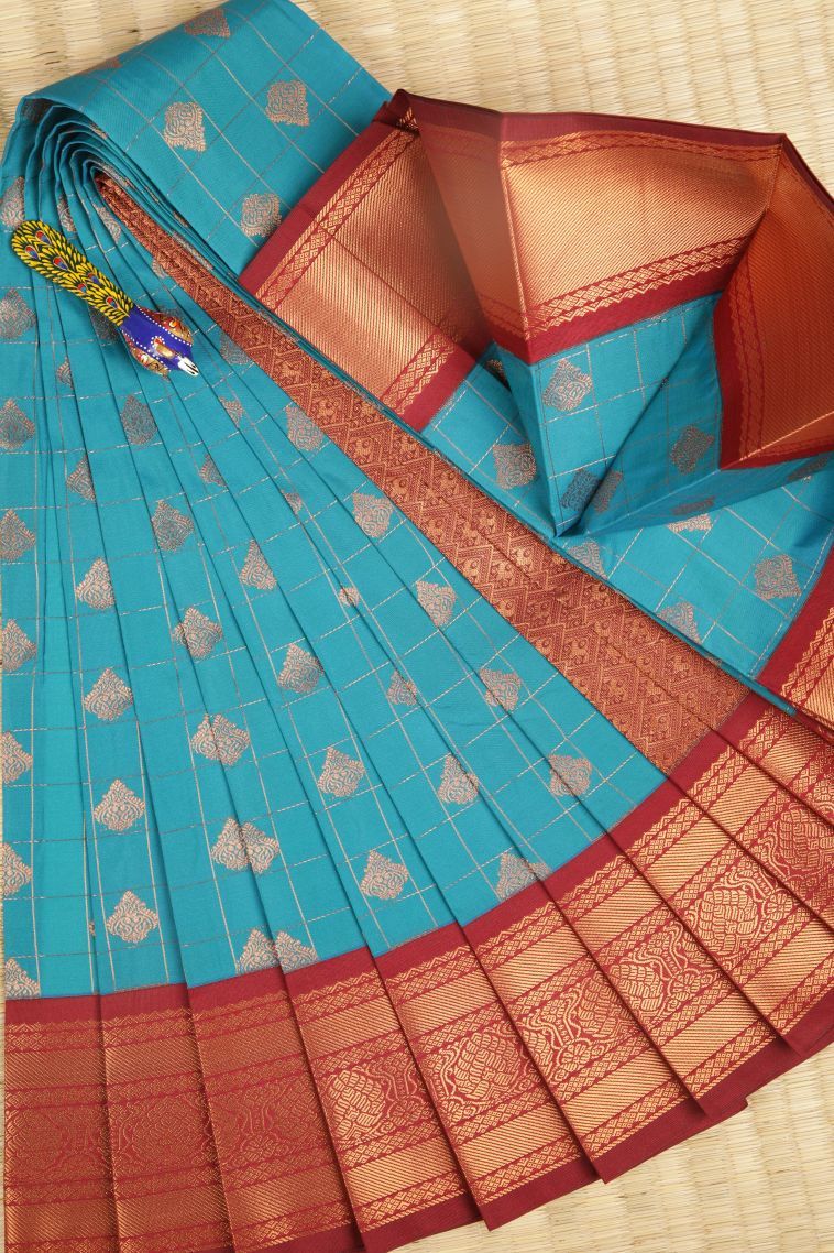 Cerulean Blue Visiri Madippu Silk Sarees with Copper Zari Checks view 1