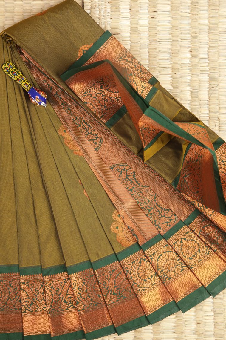 Paris Green Visiri Madippu Silk Sarees with Copper Zari Buttis (small Dots Or Motifs) view 1