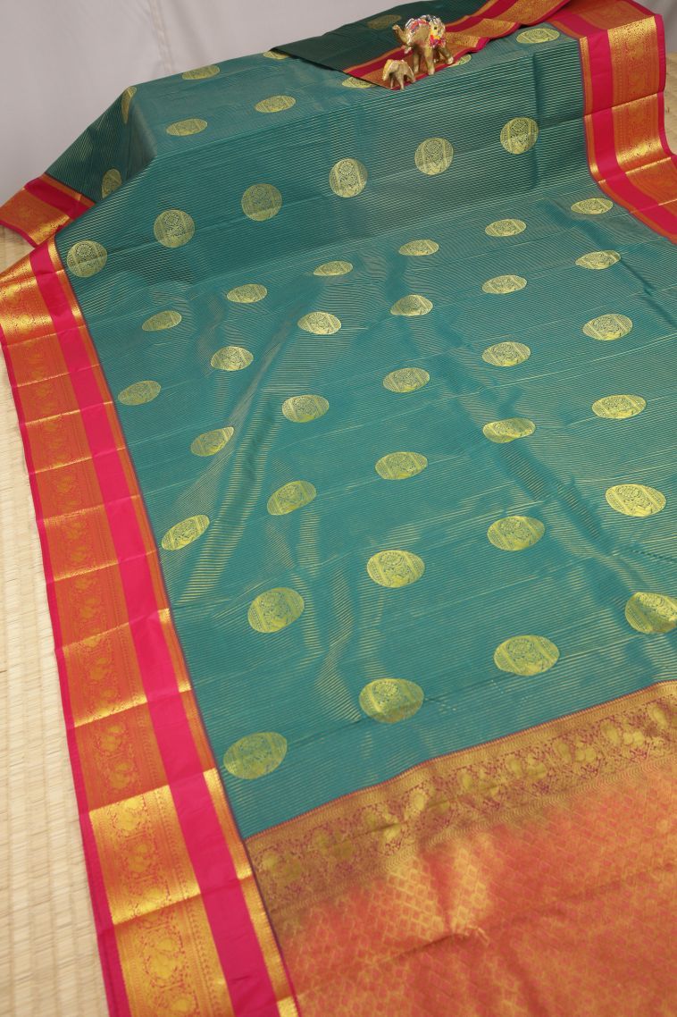 Cerulean Blue Visiri Madippu Silk Sarees with Gold Zari Stripes view 2