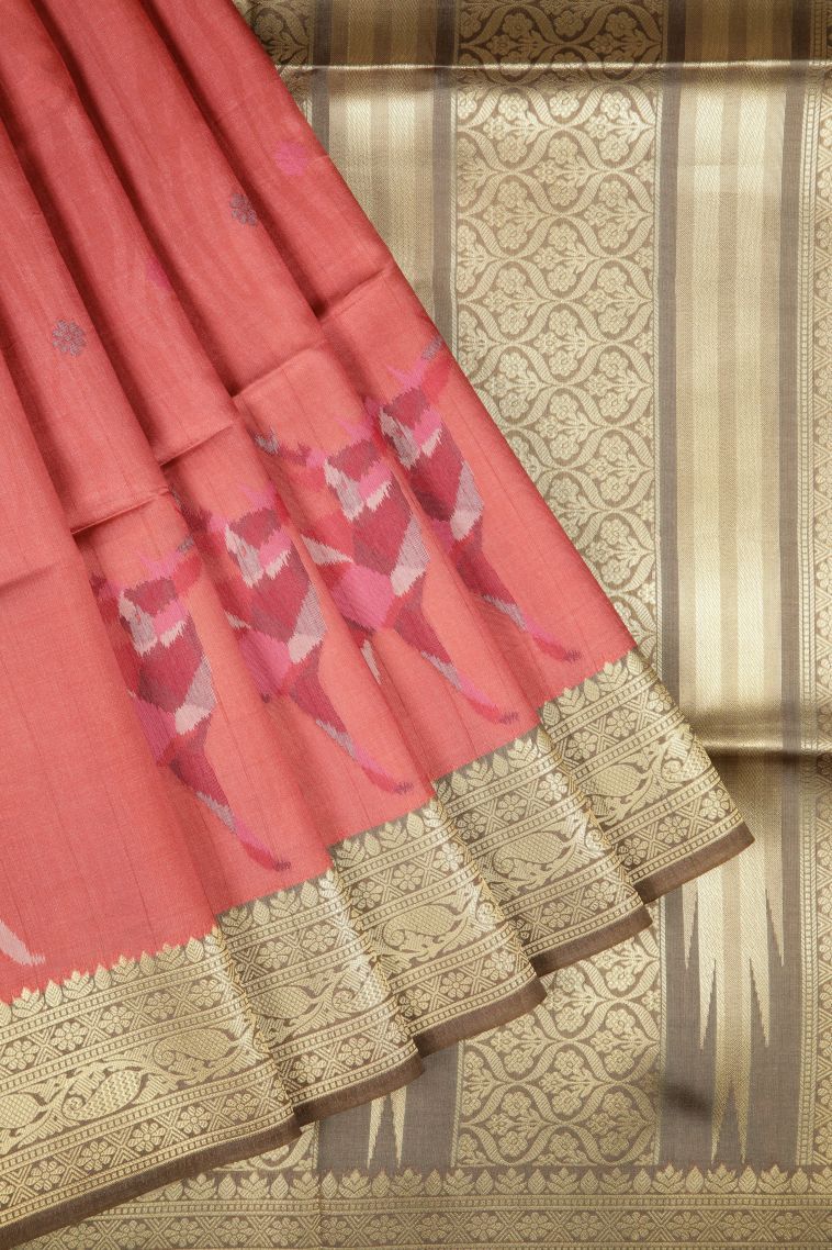 Coral Pink Tussar Saree with Without Zari Zari Buttis (small Dots Or Motifs) view 1