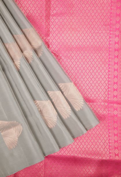 Gray Black Soft Silk Saree with Copper Zari Buttis (small Dots Or Motifs)