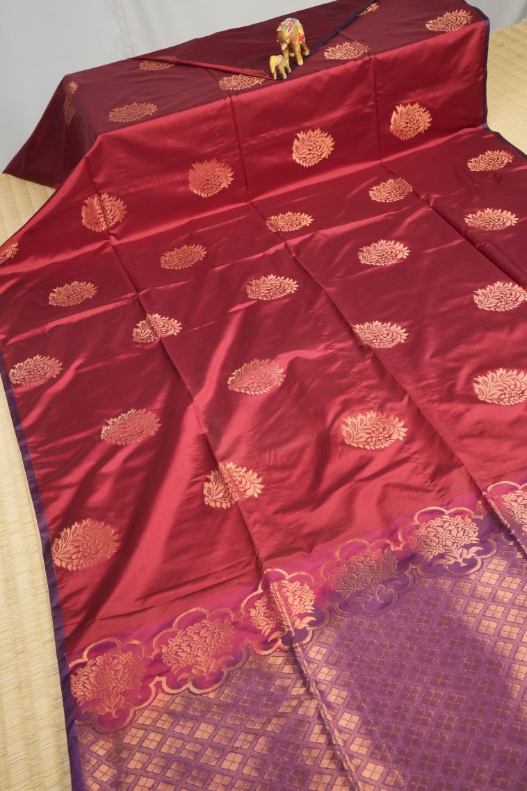 Apple Red Soft Silk Saree with Copper Zari Buttis (small Dots Or Motifs) view 2