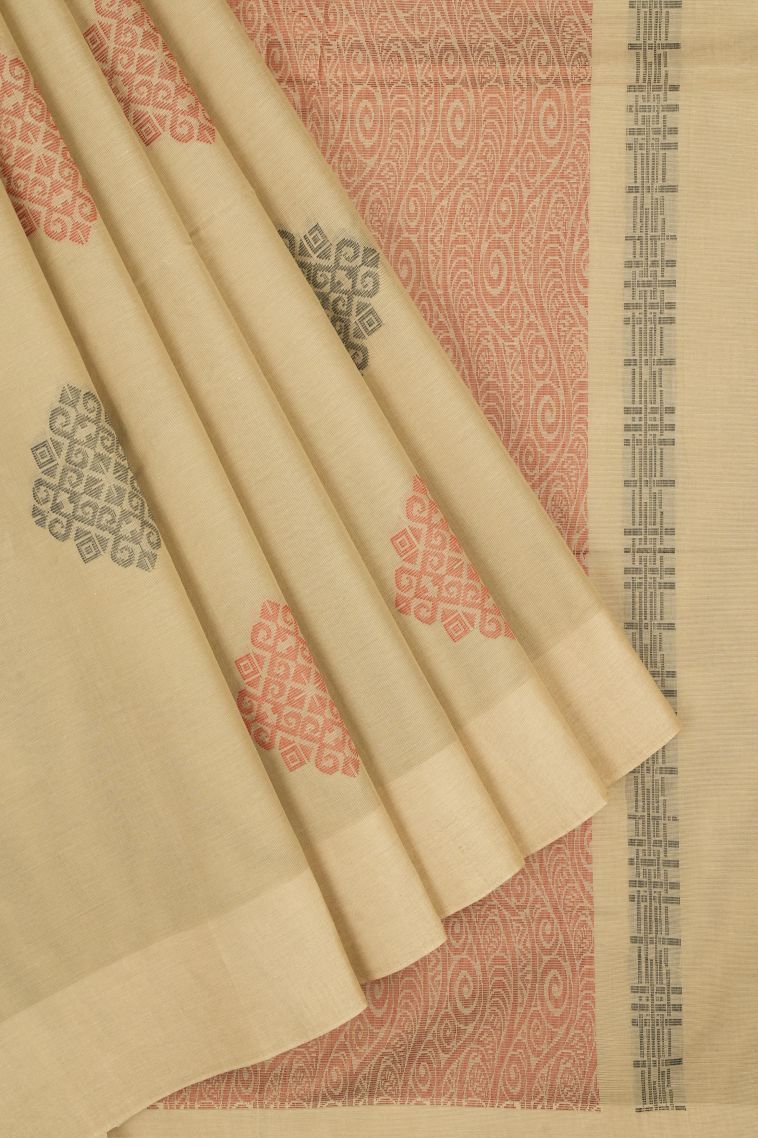 Cream White Kovai Cotton Sarees with Without Zari Zari Buttis (small Dots Or Motifs) view 1