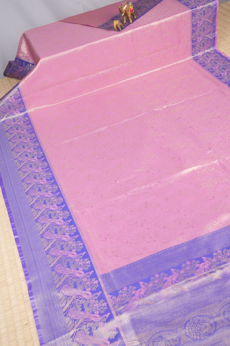 Blush Pink Tissue Silk Sarees with Copper Zari Floral Patterns view 2