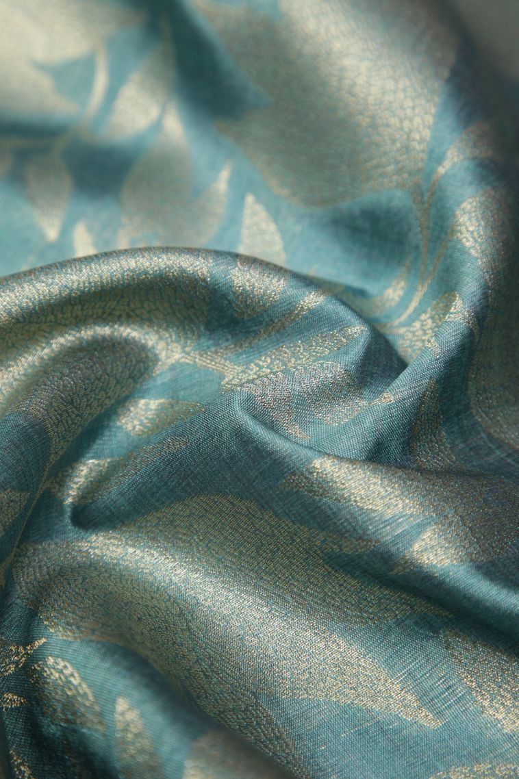 Sky Blue Tussar Saree with Gold Zari Floral Patterns view 4