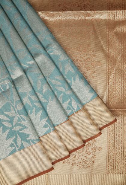 Sky Blue Tussar Saree with Gold Zari Floral Patterns