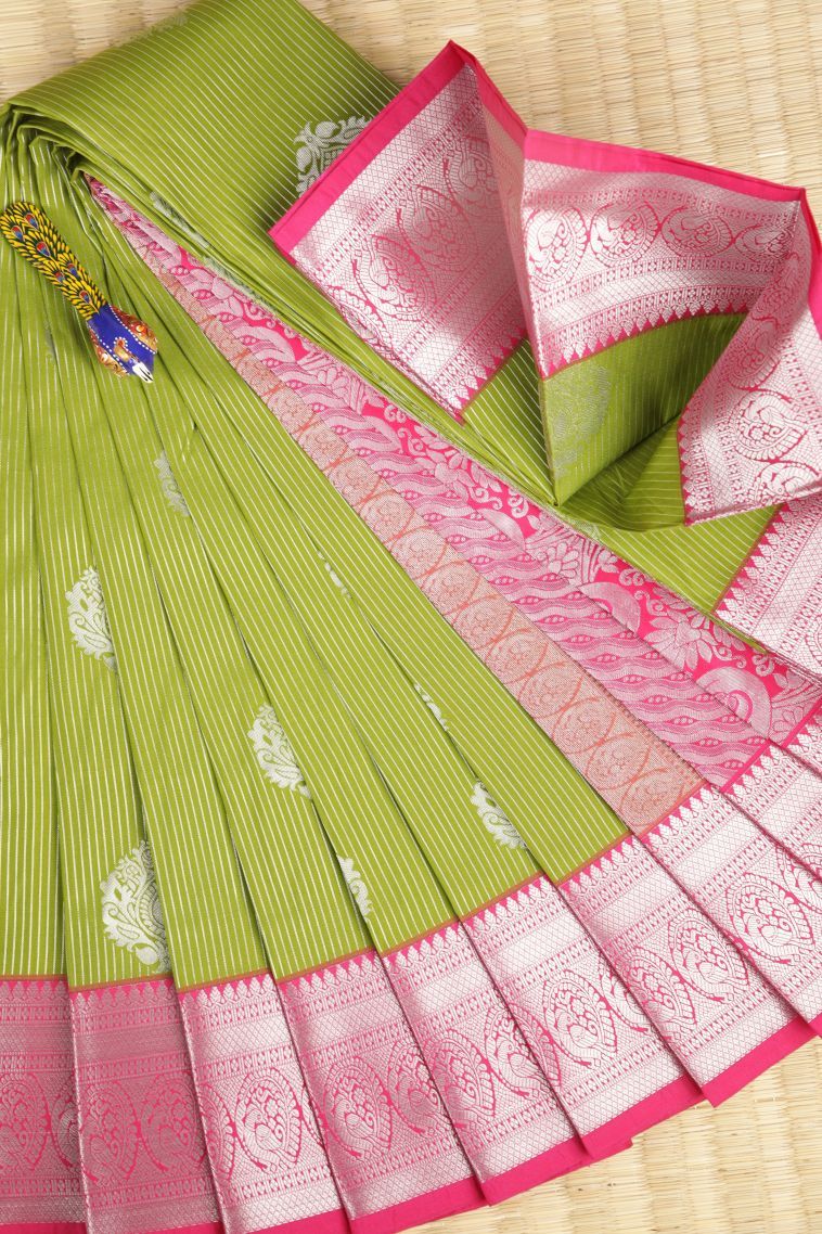 Lime Green Visiri Madippu Silk Sarees with Silver Zari Stripes view 1