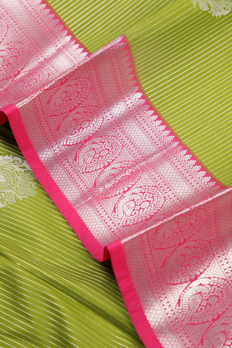 Lime Green Visiri Madippu Silk Sarees with Silver Zari Stripes view 4
