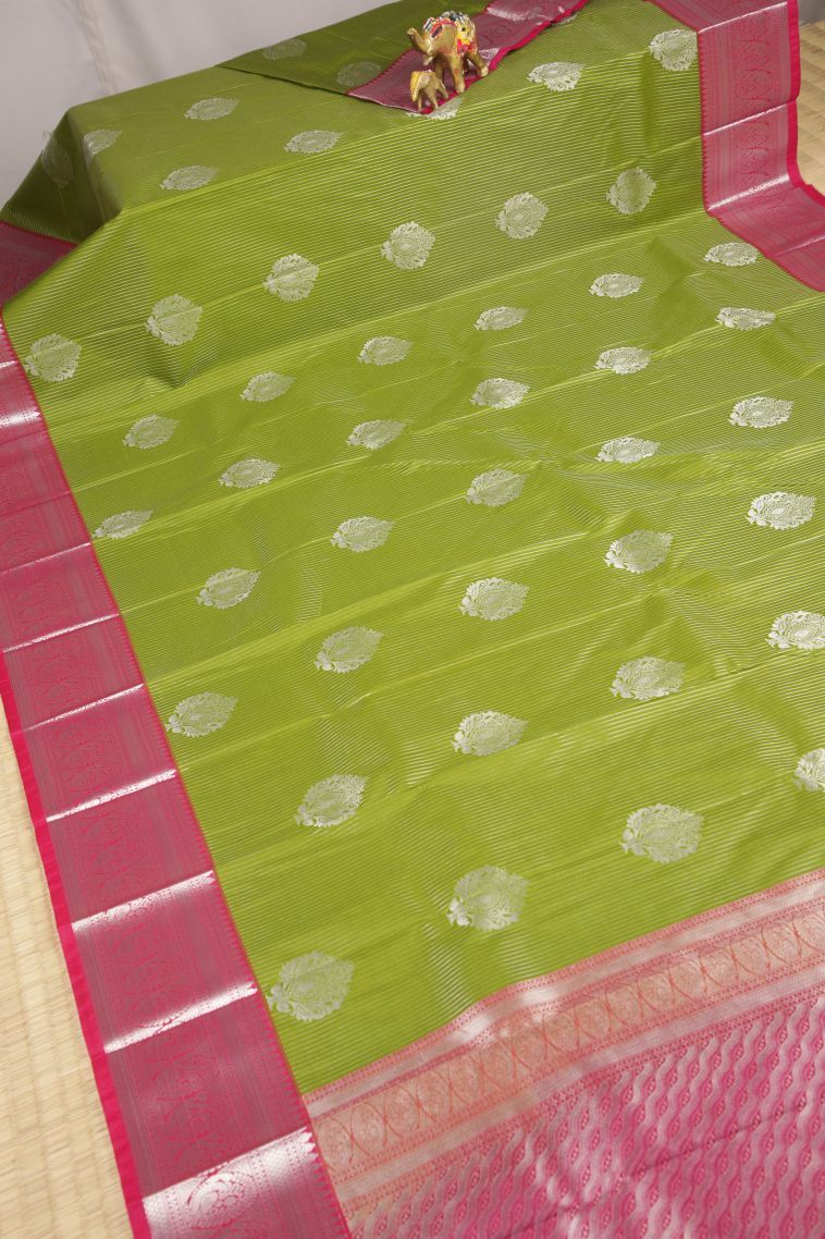 Lime Green Visiri Madippu Silk Sarees with Silver Zari Stripes view 2