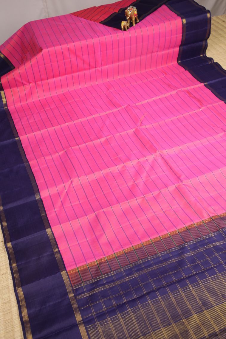 Taffy Pink Kanchipuram Silk Sarees with Gold Zari Stripes view 2
