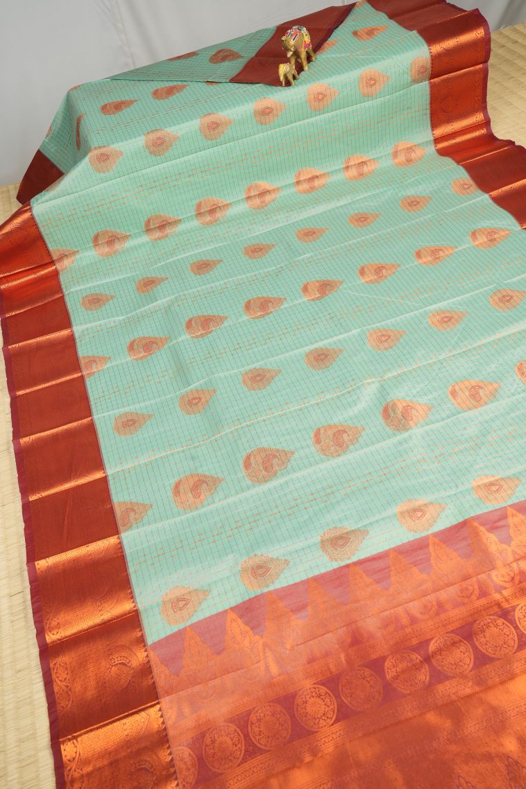 Arctic Blue Visiri Madippu Silk Sarees with Copper Zari Checks view 2