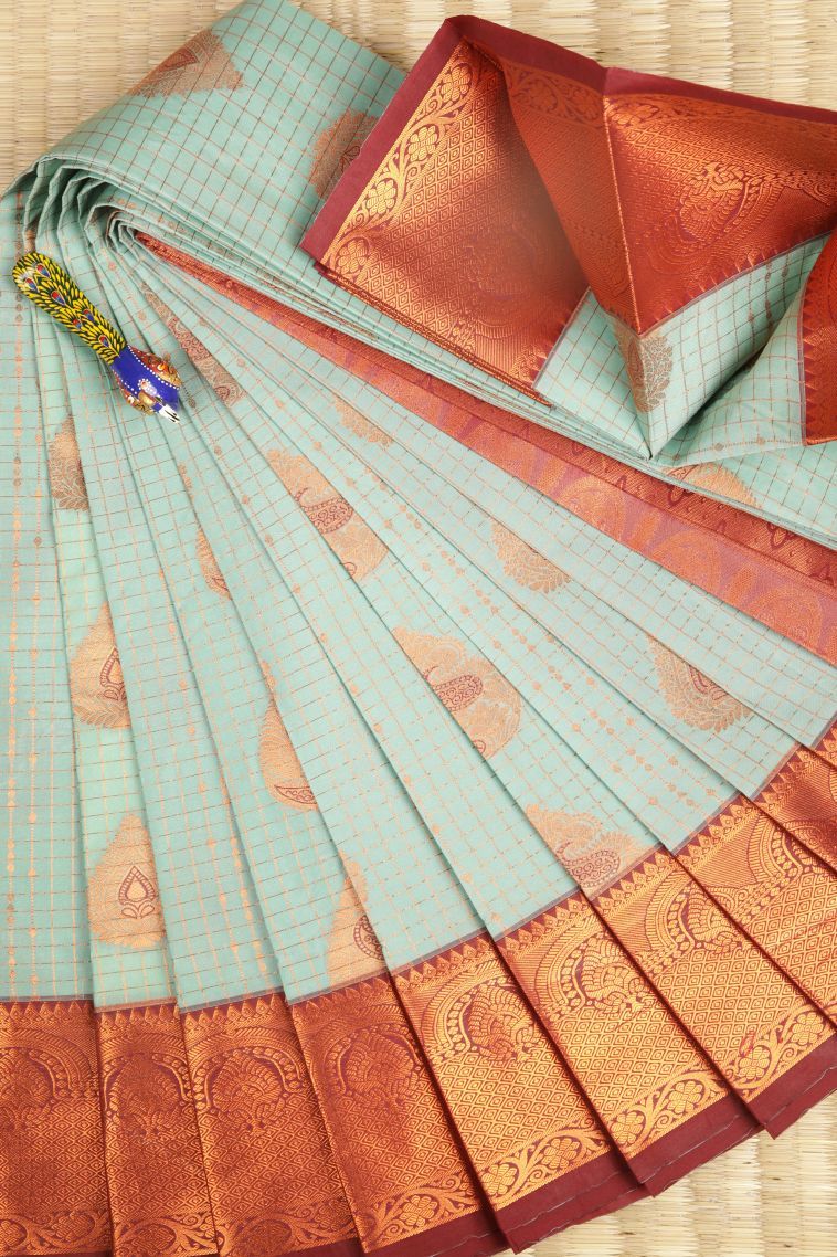 Arctic Blue Visiri Madippu Silk Sarees with Copper Zari Checks view 1