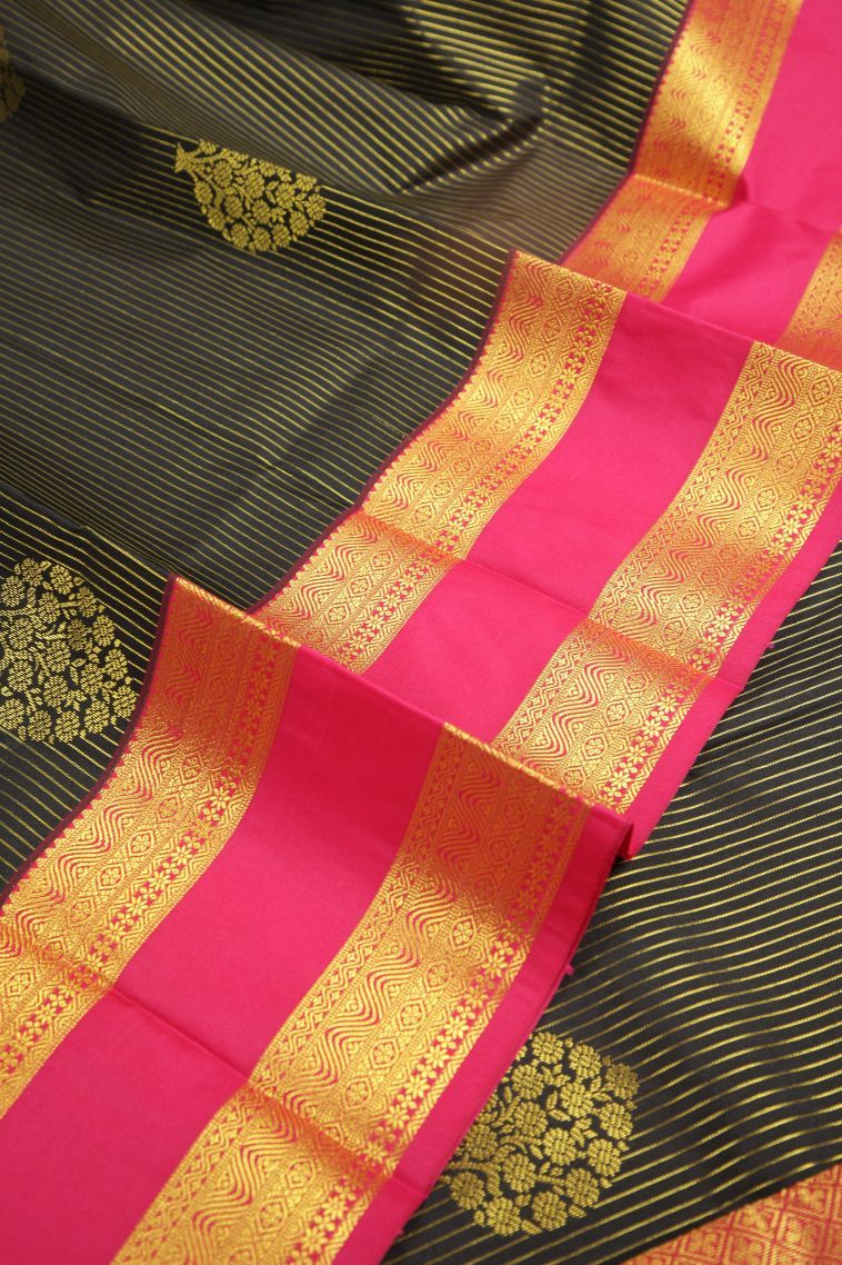 Asphalt Black Visiri Madippu Silk Sarees with Gold Zari Stripes view 4