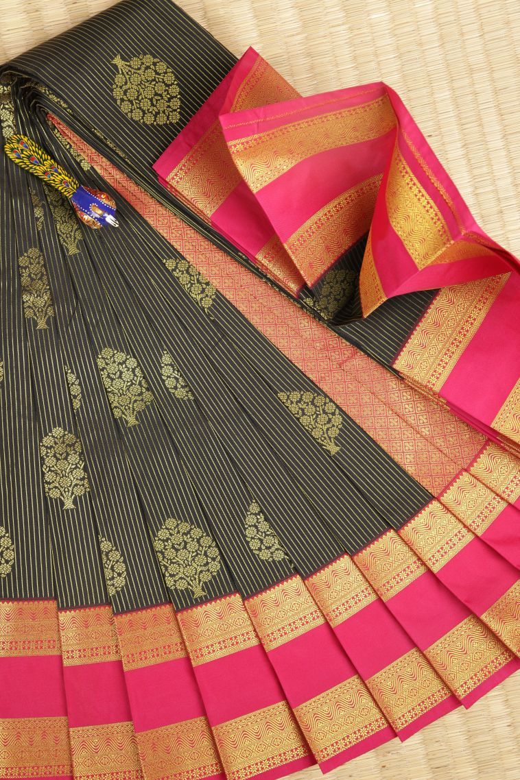 Asphalt Black Visiri Madippu Silk Sarees with Gold Zari Stripes view 1