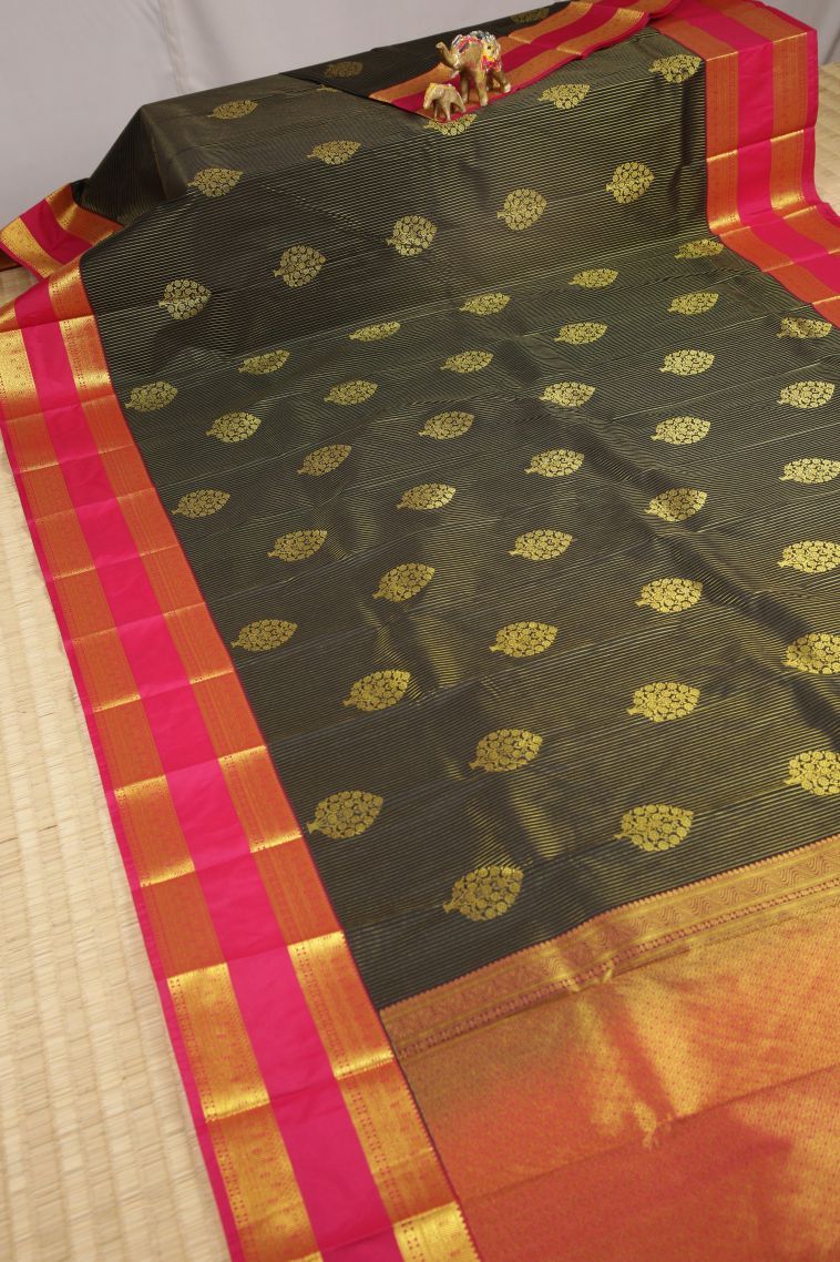 Asphalt Black Visiri Madippu Silk Sarees with Gold Zari Stripes view 2
